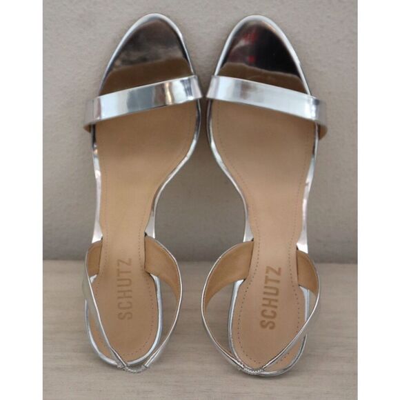 Schutz Women's Sz 11B Prata Silver Metallic Slingback High-High Sandals - Picture 3 of 16